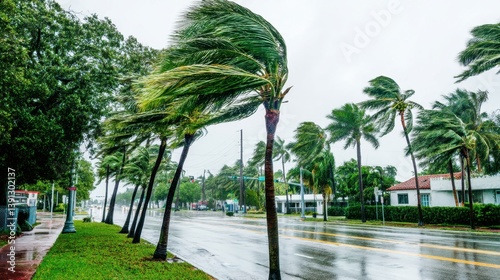 Dramatic scene of palm trees bending in strong wind during a tropical storm on a rainy day in Florida street view