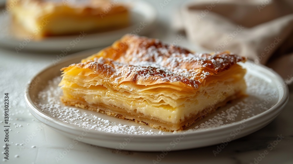 Greek galaktoboureko semolina custard filo with syrup sliced on white background Greek galaktoboureko semolina custard filo with syrup sliced on white background