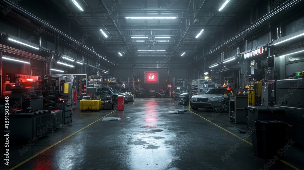 Industrial garage interior with modern vehicles and bright lighting Industrial garage interior with modern vehicles and bright lighting