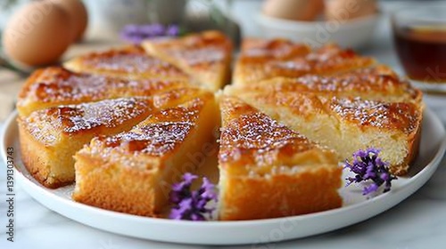 Greek revani semolina cake syrup cut into diamond shapes and arranged on white plate