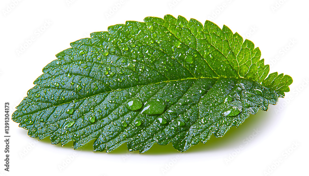 Obraz premium Close Up of a Green Leaf with Dew Drops on White Background