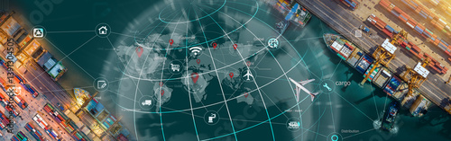 World map with logistic network distribution on background. Logistic and transport concept in front Logistics Industrial Container Cargo freight ship for Concept of fast or instant shipping