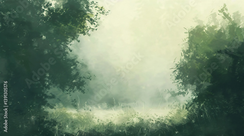 Muted Green Impressionist Outdoor Scene