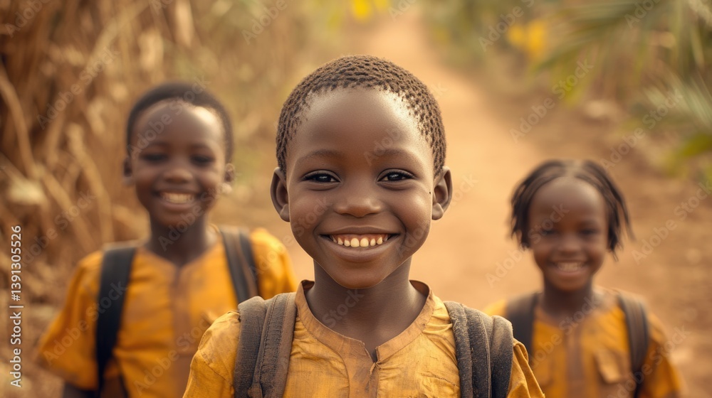 equality education and poverty volunteer service concept picture of poor African students walking along dirt path to school at Africa