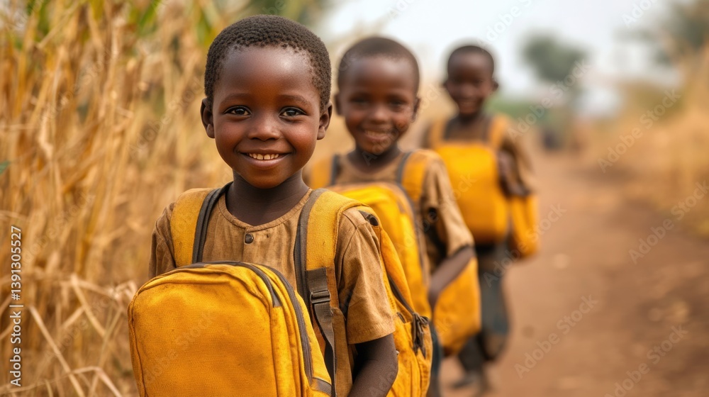 equality education and poverty volunteer service concept picture of poor African students walking along dirt path to school at Africa