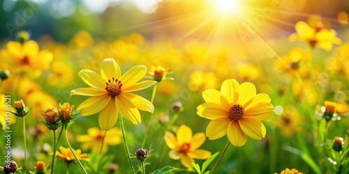Fototapeta Naklejka Na Ścianę i Meble -  Sunny field with bright yellow Bidens Ferulifolia flowers blooming in summer, surrounded by lush green grass and wildflowers