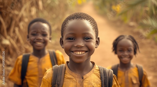 Obraz na płótnie equality education and poverty volunteer service concept picture of poor African students walking along dirt path to school at Africa w salonie