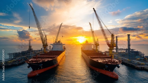 Sunset Over a Busy Shipyard with Cranes and Large Cargo Ships