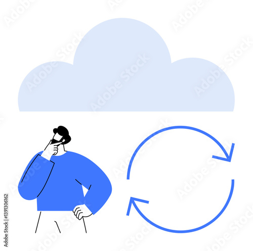 Man in thoughtful pose beside cloud and circular arrows denoting synchronization or data transfer. Ideal for cloud computing, tech processes, workflow, updates, innovation, concepts, flat simple