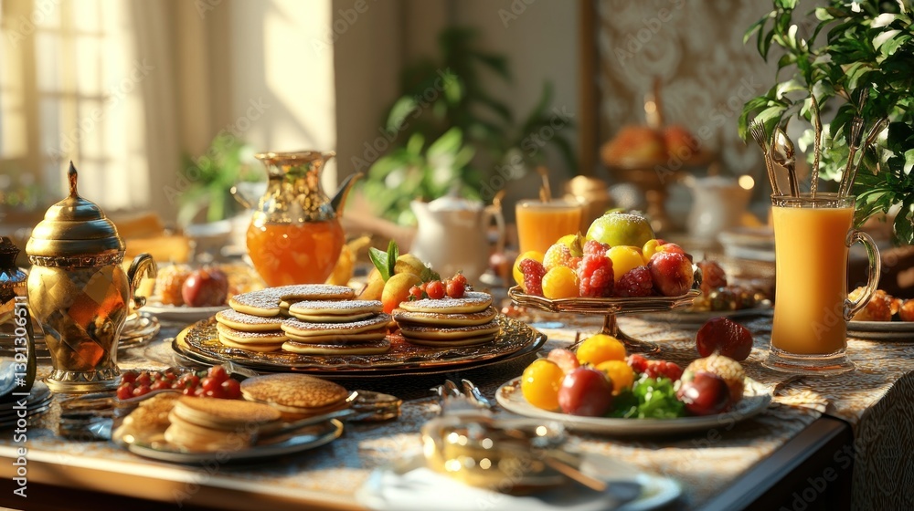 Naklejka premium Sunlit breakfast pancakes, fruit, tea, opulent room