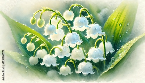 雨に濡れたスズランアップ（水彩画