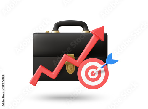3D illustration vector render icon of briefcase, up graph, target isolated on white background. Business planning and goal achievement concept. Business startup, success, development, business, future