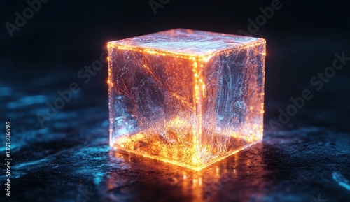 Glowing cube of fractured glass photo