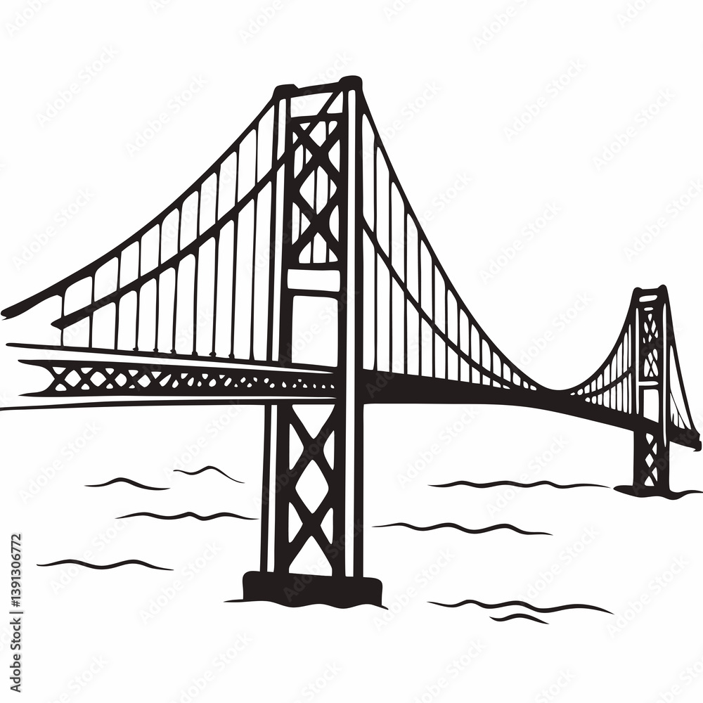 Fototapeta premium Suspension bridge with towers and cables - line art vector illustration in white background