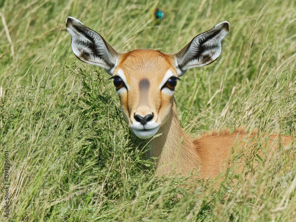 Graceful impala gazes intently from tall grass in serene african landscape wildlife photography