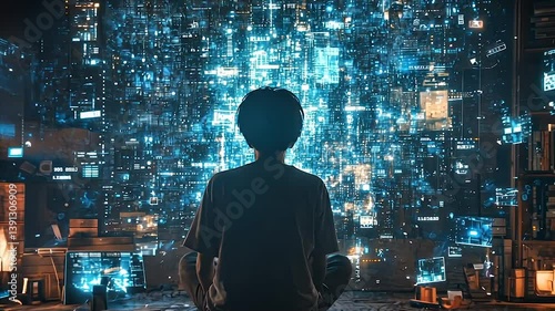 Wallpaper Mural Person meditates before a vast digital data wall Torontodigital.ca