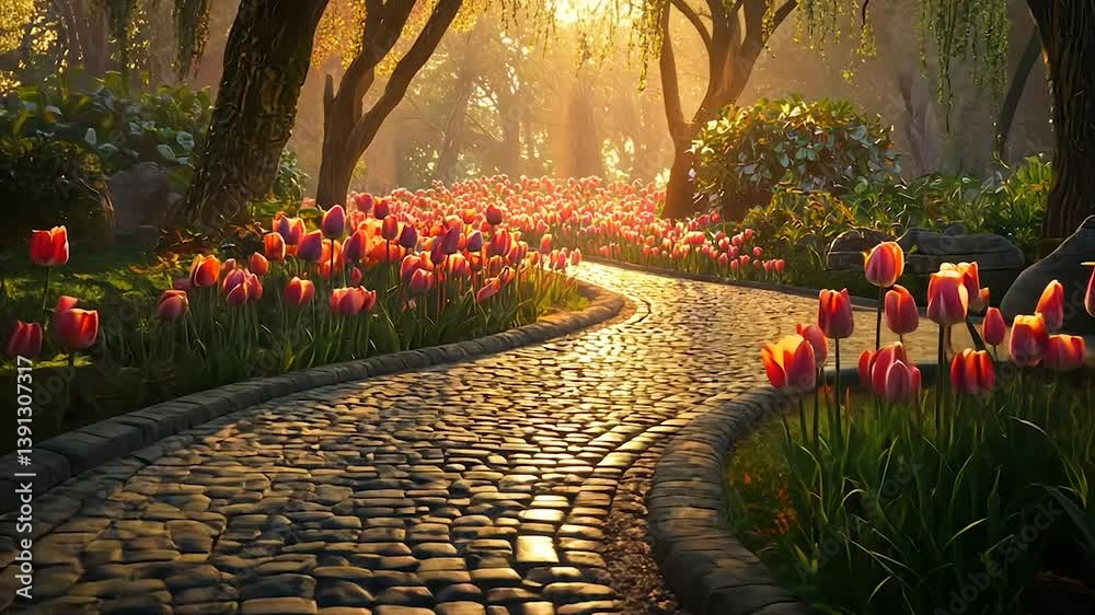 Serene garden path winding through vibrant tulips. Sunlight streams through trees creating a magical ambiance