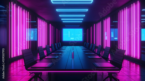 Innovative business meeting setup modern conference room digital presentation futuristic lighting wide angle view professional environment
