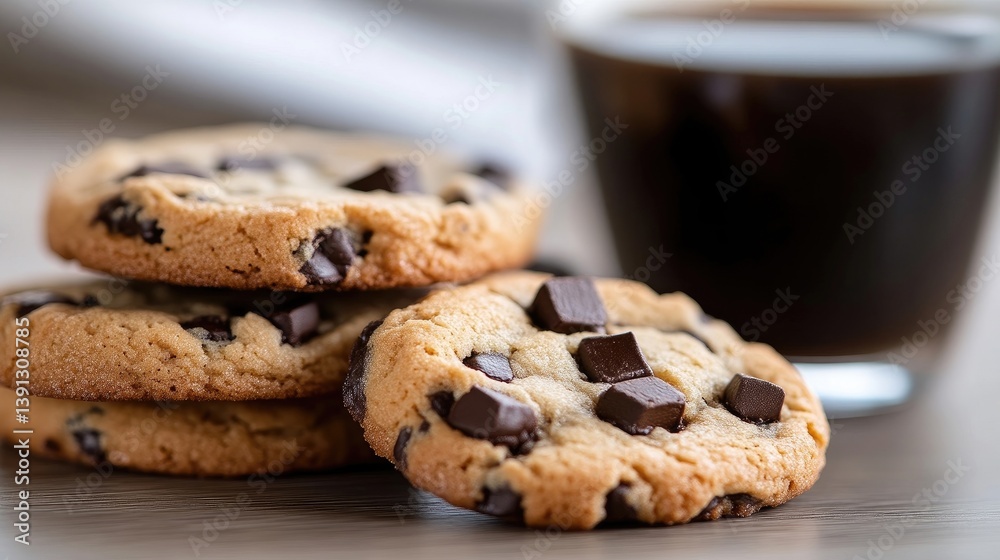 Stack of chocolate chip cookies with a glass of coffee Stack of chocolate chip cookies with a glass of coffee