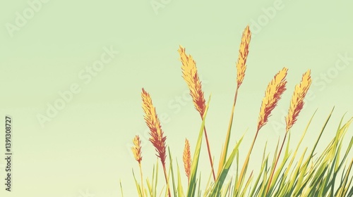 Golden Grasses Against a Soft Green Sky in Illustrative Style