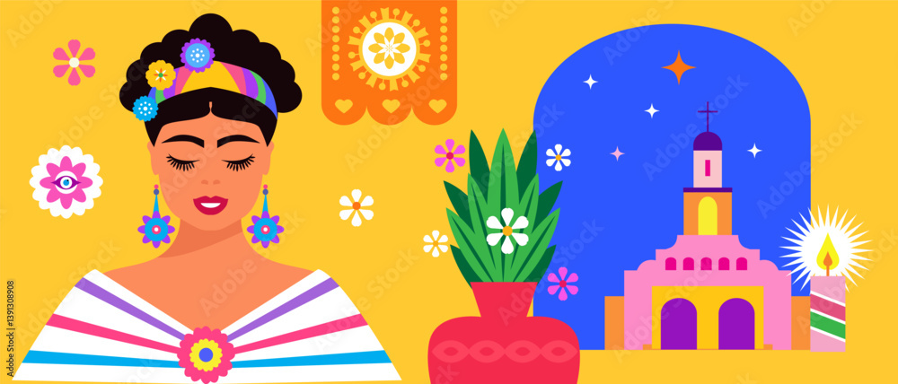 Fototapeta premium Pretty women, mexican girl in cartoon flat style Funky character for design mexican template design social media post, web banner, cover, card Vector icon illustration