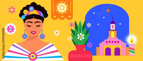 Pretty women, mexican girl in cartoon flat style Funky character for design mexican template design social media post, web banner, cover, card Vector icon illustration
