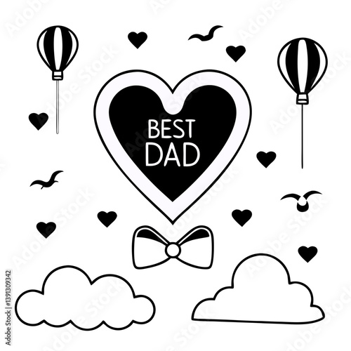 A heartfelt Father's Day tribute: A large black heart proclaims "Best Dad," soaring amidst whimsical hot air balloons, clouds, and tiny hearts, a simple black and white design.