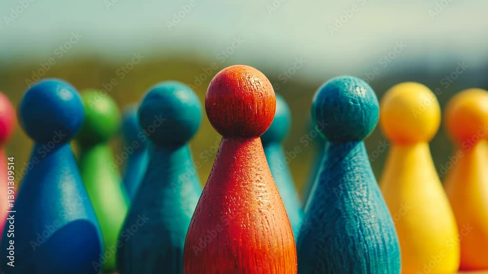 Colorful wooden pegs stand outdoors, shallow depth of field