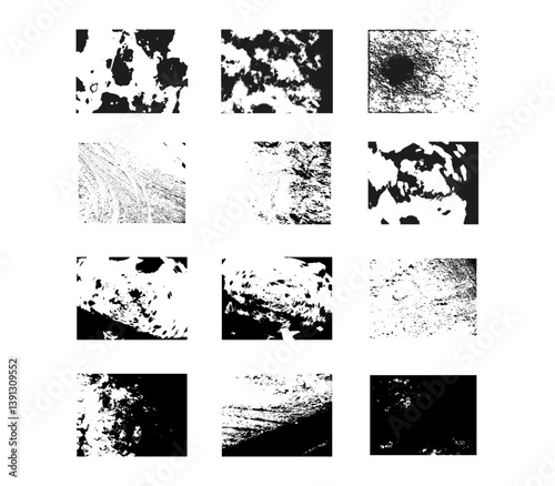 Grunge black and white pattern. Monochrome particles abstract texture. Background of cracks, scuffs, chips, stains, ink spots, lines. Dark design background surface. Gray printing element
