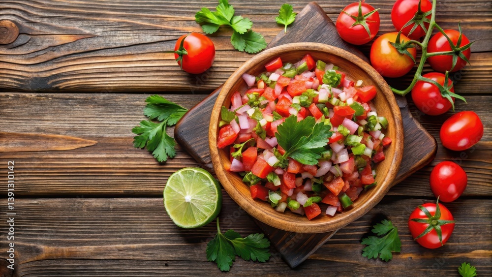 Fresh pico de gallo salsa in top view on wooden background, restaurant display, wooden table Fresh pico de gallo salsa in top view on wooden background, restaurant display, wooden table