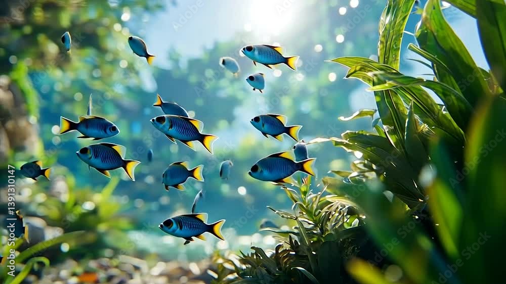 Sunlit underwater scene with vibrant blue fish schooling amidst lush aquatic plants