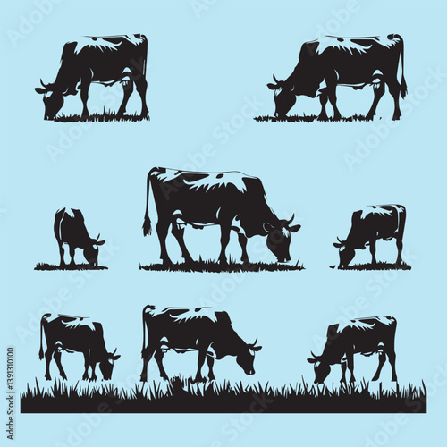 set of black various poses Cow Grazing On Meadow vector silhouettes 