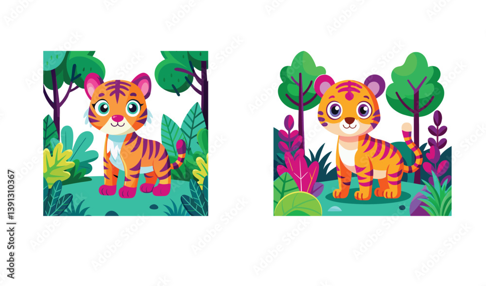 Naklejka premium Two cute cartoon tiger cubs in a jungle setting