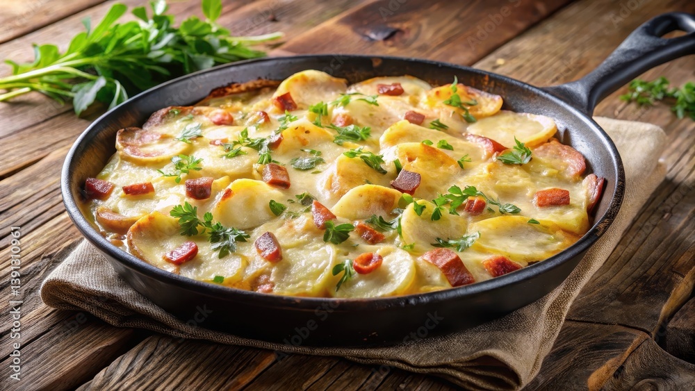 Hearty potato and reblochon cheese tartiflette in a cast iron skillet , dinner, meal, dinner, meal, cheese Hearty potato and reblochon cheese tartiflette in a cast iron skillet , dinner, meal, dinner, meal, cheese