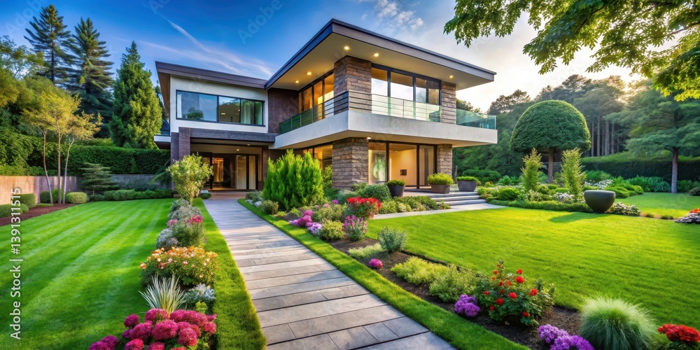 Modern house with lush green lawn and stone pathway leading to a serene garden surrounded by tall trees and colorful flowers , modern architecture, modern house Modern house with lush green lawn and stone pathway leading to a serene garden surrounded by tall trees and colorful flowers , modern architecture, modern house