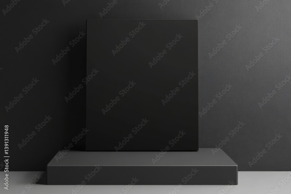 Fototapeta premium Minimalist Presentation of Black Box on Gray Platform Against Dark Textured Wall Backdrop