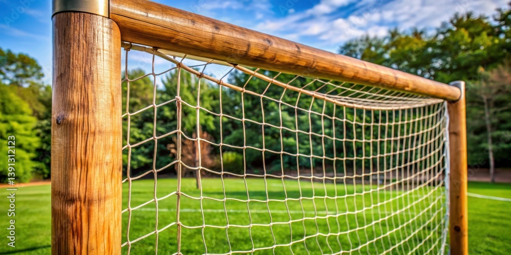 Fototapeta premium Close up of a soccer net with mesh material and wooden frame background