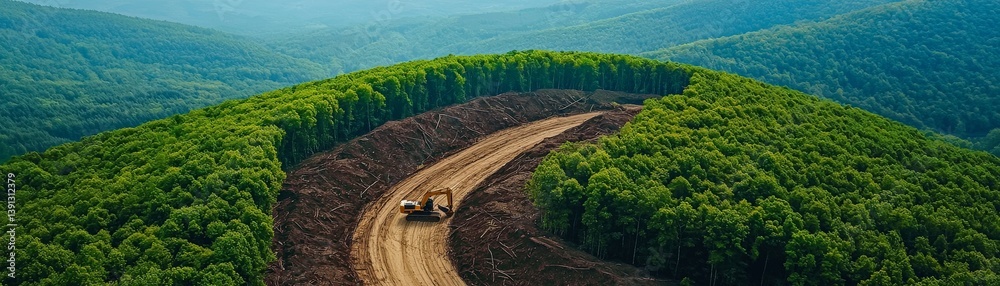 Restoring the Planet Through Environmental Innovation and Conservation Efforts, Deforested land with machinery amid lush green hills and a vast forested landscape.