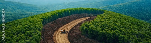 Obraz na płótnie Restoring the Planet Through Environmental Innovation and Conservation Efforts, Deforested land with machinery amid lush green hills and a vast forested landscape. w salonie