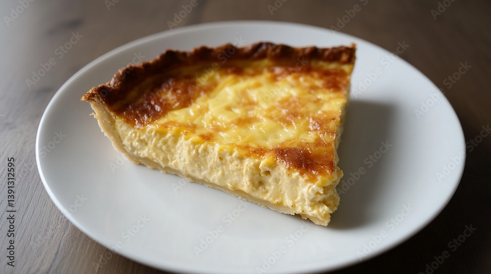 Single serving of quiche Lorraine on a plain white plate Single serving of quiche Lorraine on a plain white plate