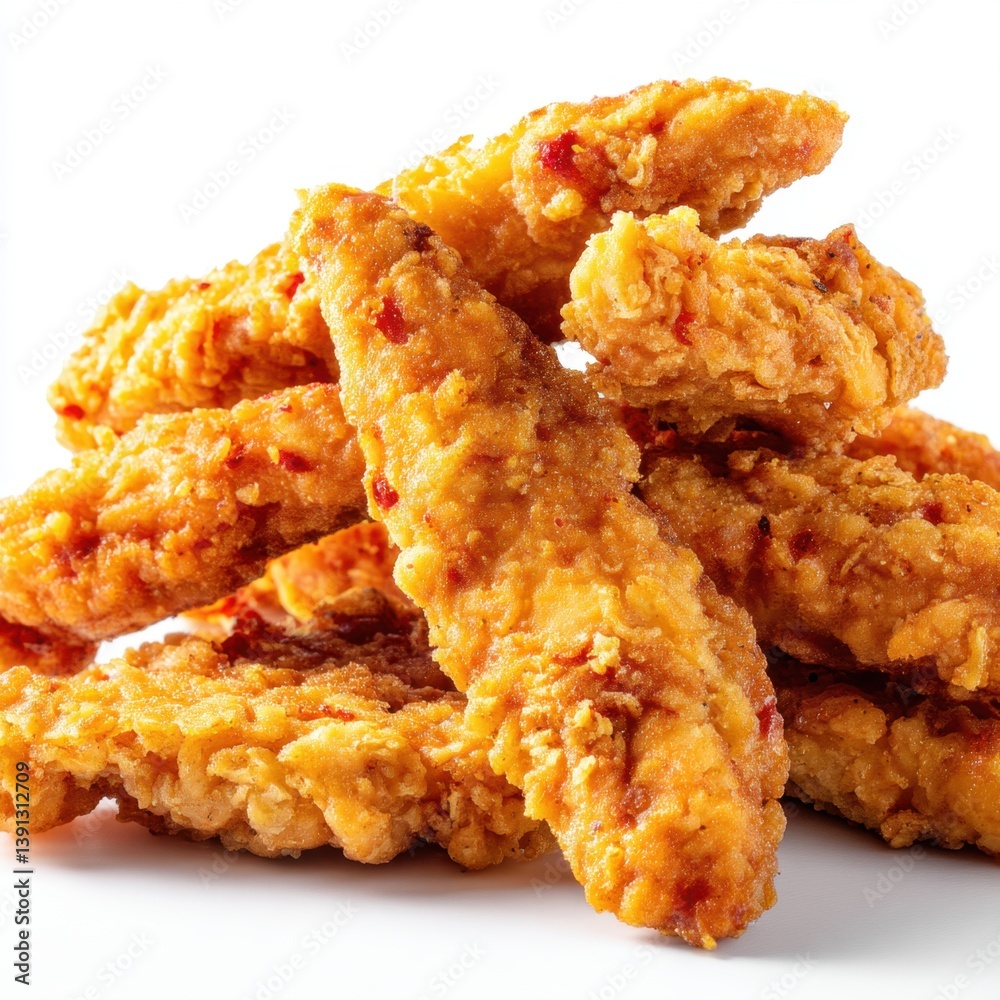 Crispy golden fried chicken strips piled high on a white surface tempting appetizer close up studio shot delicious snack savory treat Crispy golden fried chicken strips piled high on a white surface tempting appetizer close up studio shot delicious snack savory treat