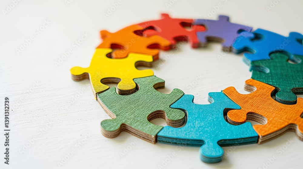 Fototapeta premium Circular diversity symbol of interlocked colorful puzzle pieces on a clean white background