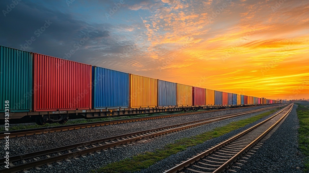 A train with colorful containers on it is traveling down the tracks A train with colorful containers on it is traveling down the tracks