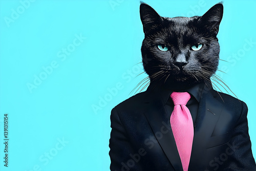 A black cat is wearing a suit and pink tie photo