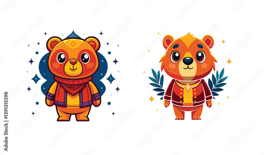 Naklejka premium Two cute cartoon bears in autumn outfits
