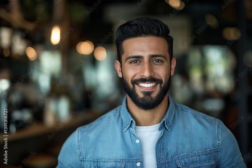 A young smiling Turk with a beard in a denim shirt against the blurred background of a coffee shop. The concept of a lifestyle in a modern city.