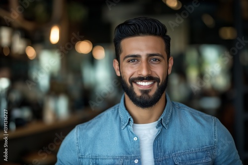 Obraz na płótnie A young smiling Turk with a beard in a denim shirt against the blurred background of a coffee shop. The concept of a lifestyle in a modern city. w salonie