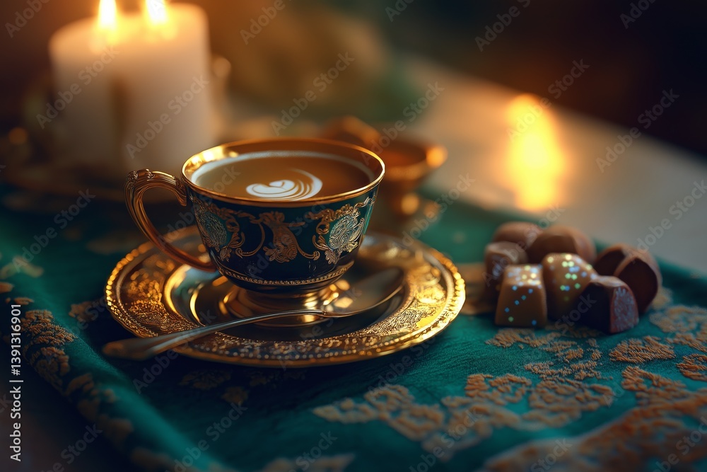 Traditional Turkish coffee set with cup of coffee and set of oriental sweets on beautifully embroidered green tablecloth. The concept of comfort and authenticity of oriental tradition.