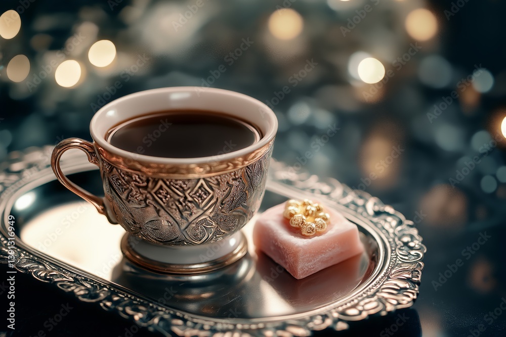 Traditional Turkish coffee in a decorative cup with saucer, on wooden table with scattered coffee beans on slightly blurred background. Concept of warmth and traditions of Turkish coffee culture.