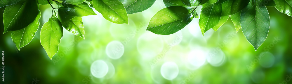 Naklejka premium A lush display of vibrant green leaves with a soft, dreamy background of bokeh lights, creating a serene and refreshing atmosphere.